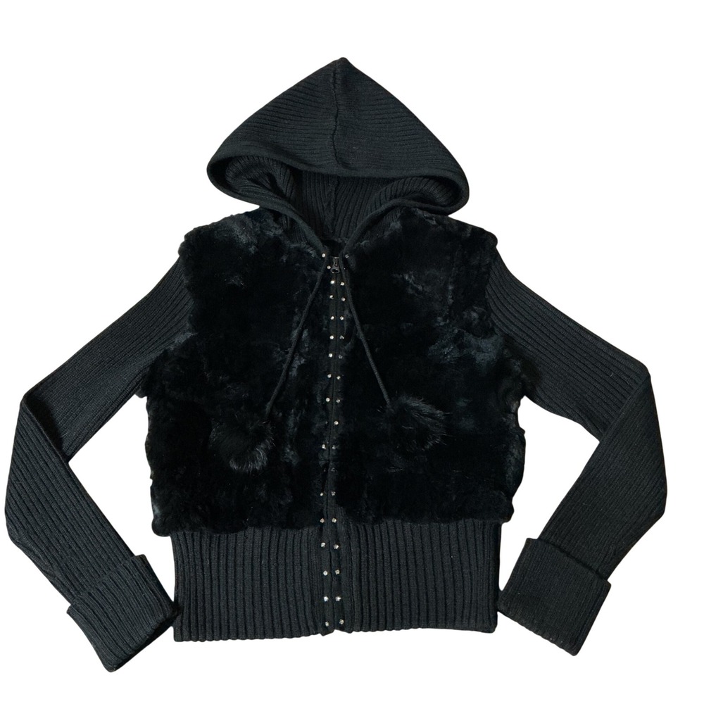 Frost Y2K Rabbit Fur Zip Up Hoodie Womens Medium Black Ribbed Knit Pom Pom Studs
